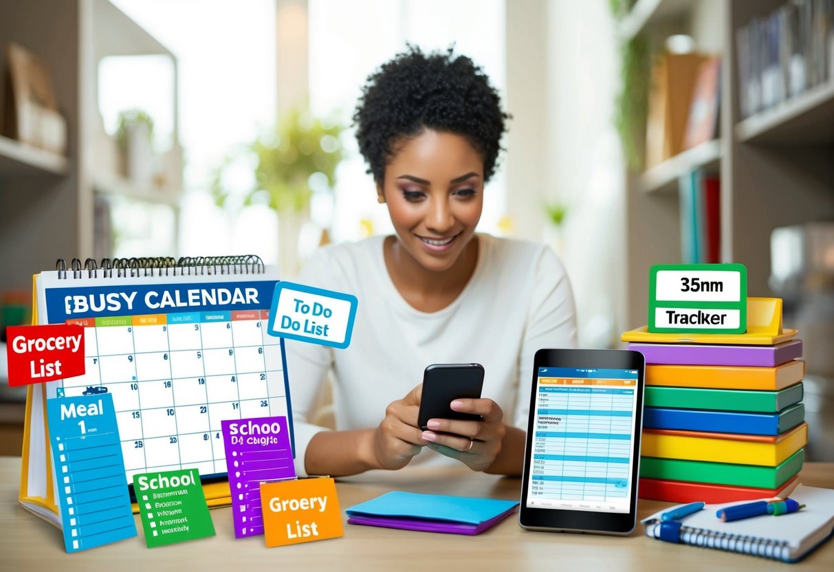 A busy parent surrounded by a calendar, to-do list, grocery list, meal planner, school schedule, and budget tracker, all organized on a mobile device