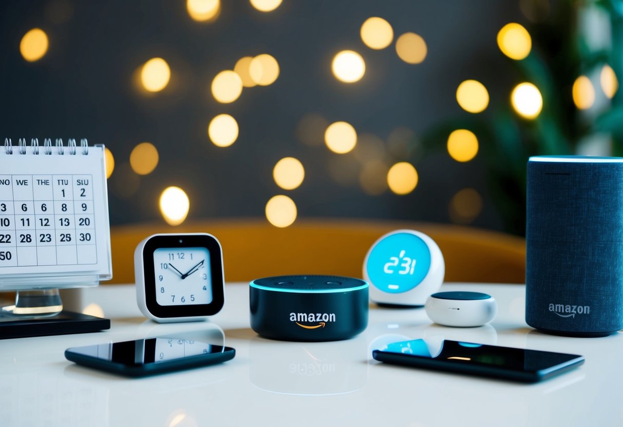 An Amazon Echo Dot Kids surrounded by various gadgets, such as a calendar, a timer, and a music player, all designed to save time and reduce stress for parents