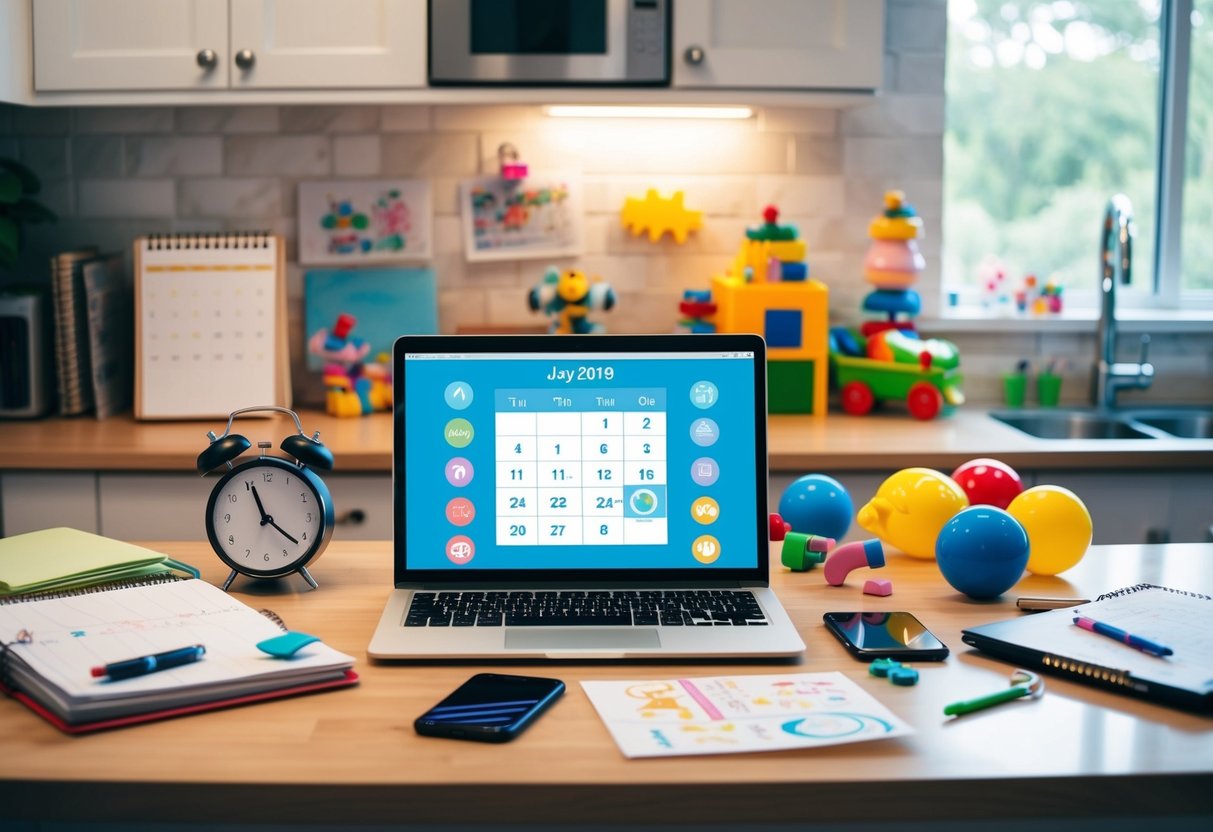 A cluttered kitchen counter with a calendar, clock, to-do list, phone, and planner. A laptop open to a time management app, surrounded by toys and children's drawings