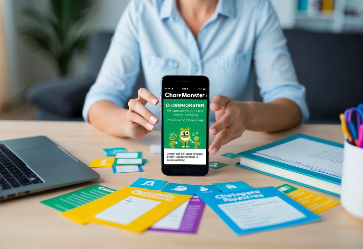 A busy parent using a smartphone while juggling various household tasks, with the ChoreMonster app open and surrounded by helpful resources