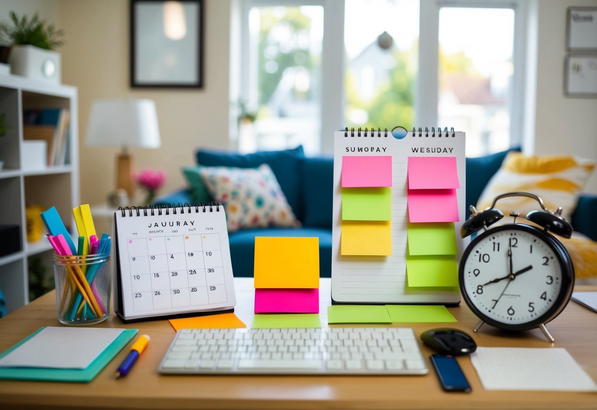 A cozy home with a tidy desk, calendar, and colorful sticky notes, surrounded by a variety of household items and a clock showing different times