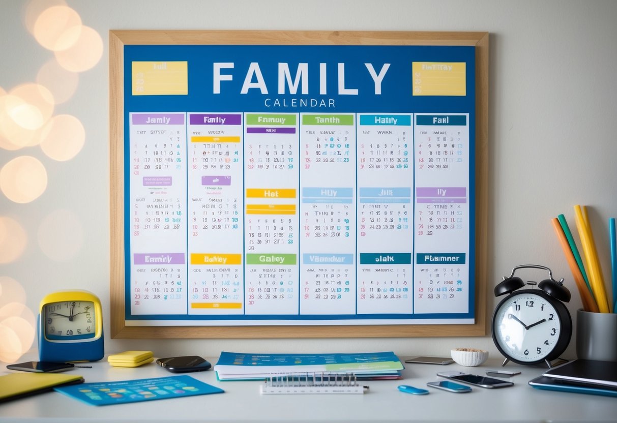 A family calendar displayed on a wall, with colorful events and activities marked for each family member. A clock and various time management tools are scattered around the calendar