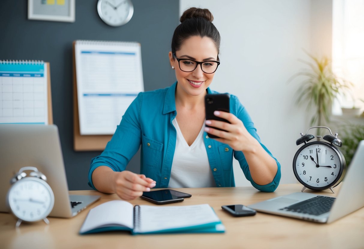 A busy parent using a smartphone while juggling multiple tasks with a calendar, clock, and to-do list in the background