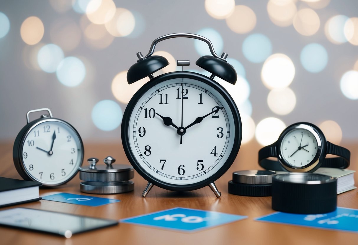 A clock surrounded by various time management tools and symbols