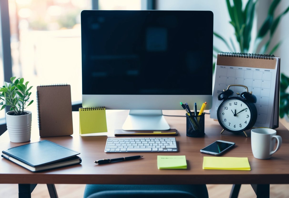 A desk with a computer, notebook, pen, calendar, smartphone, sticky notes, clock, coffee mug, and a plant