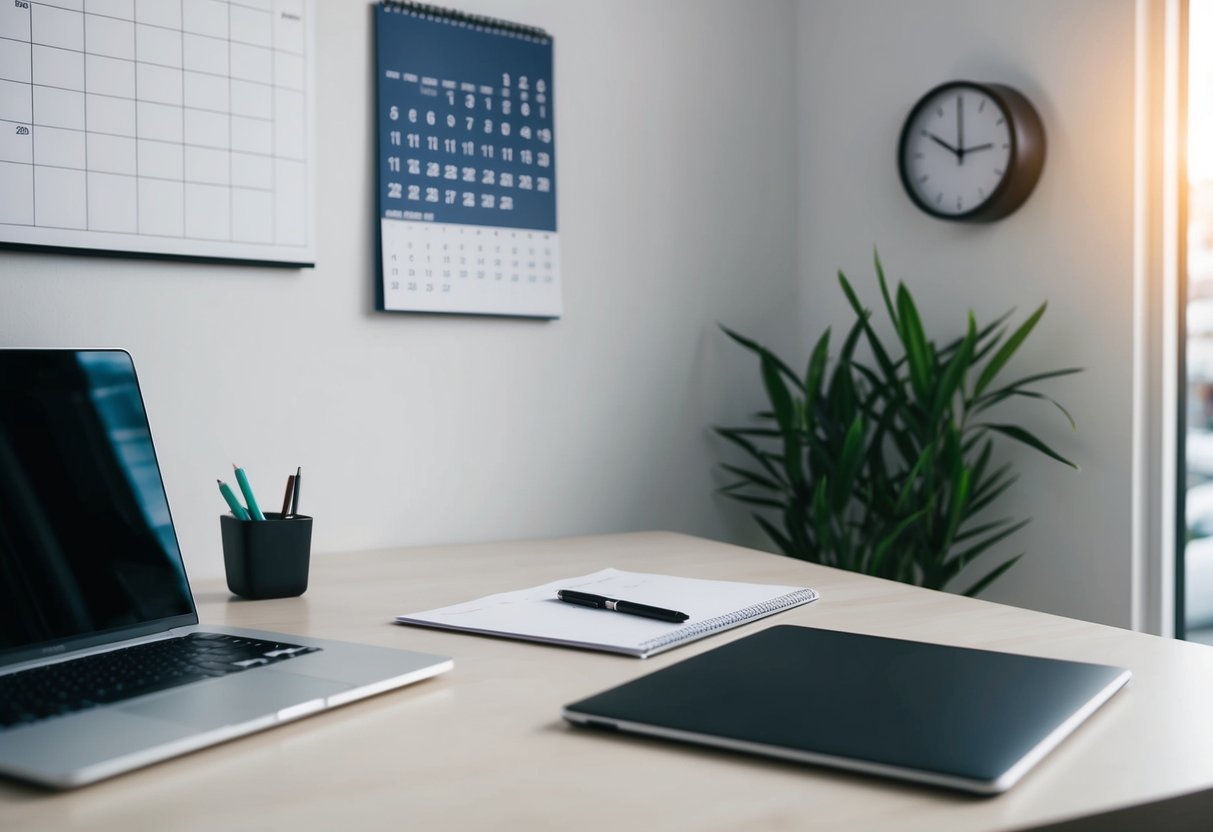 A desk with a laptop, pen, and paper. A calendar and clock on the wall. A plant in the corner