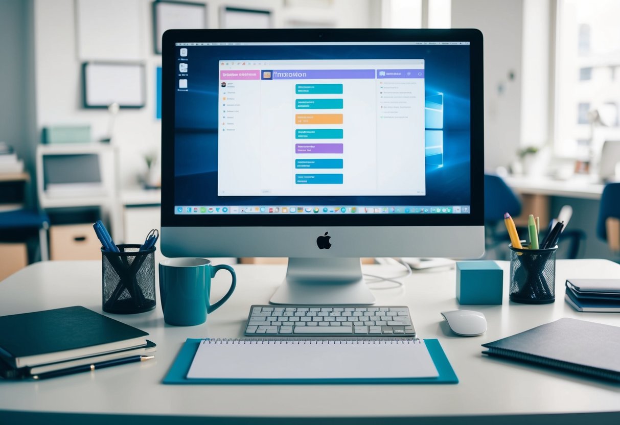 A desk with a computer, notebook, pen, calendar, and various office supplies arranged neatly. A Trello board is displayed on the computer screen