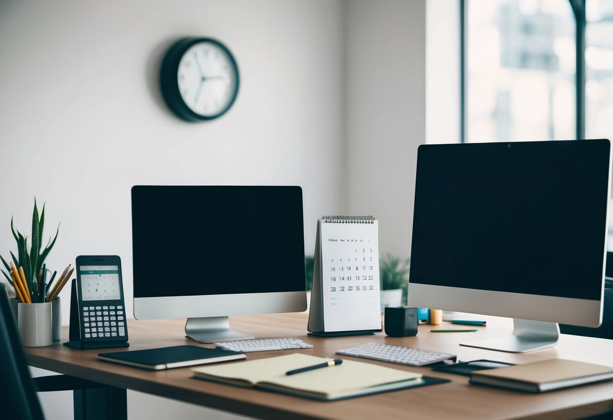 A desk with a computer, notebook, pen, calendar, phone, and various office supplies. A clock on the wall shows the time