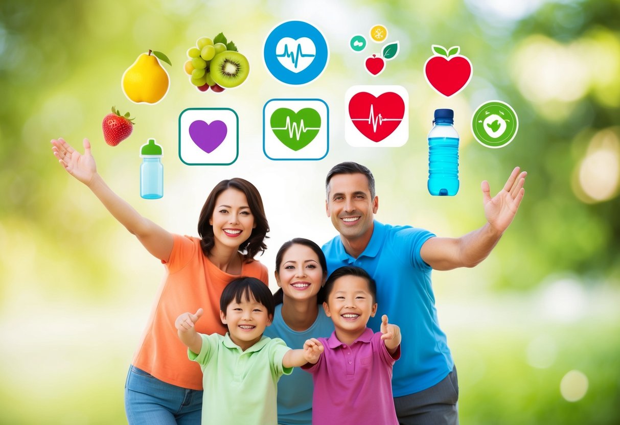 A colorful array of health-related icons and symbols floating above a happy family, including a heart rate monitor, fruit, water bottle, and exercise equipment