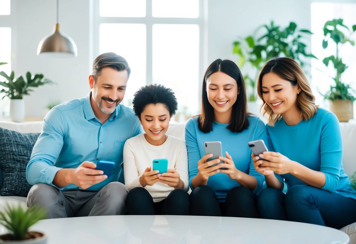 A family of four happily using various health apps on their devices in a bright, modern living room with plants and natural light