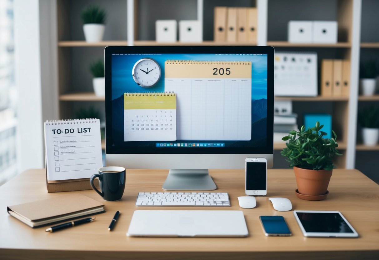 A desk with a computer, notebook, pen, calendar, clock, phone, coffee mug, potted plant, and to-do list