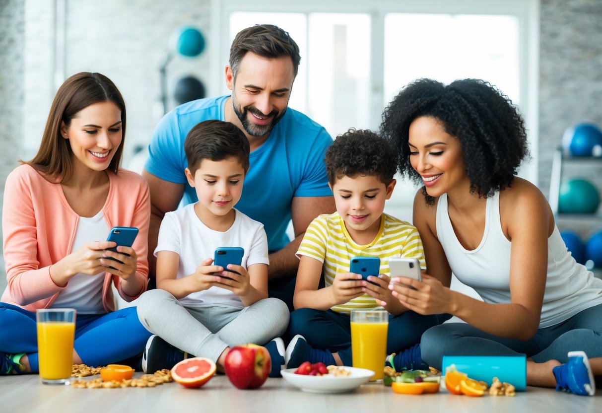 A family of four using various health apps on their smartphones, surrounded by fitness equipment and healthy snacks