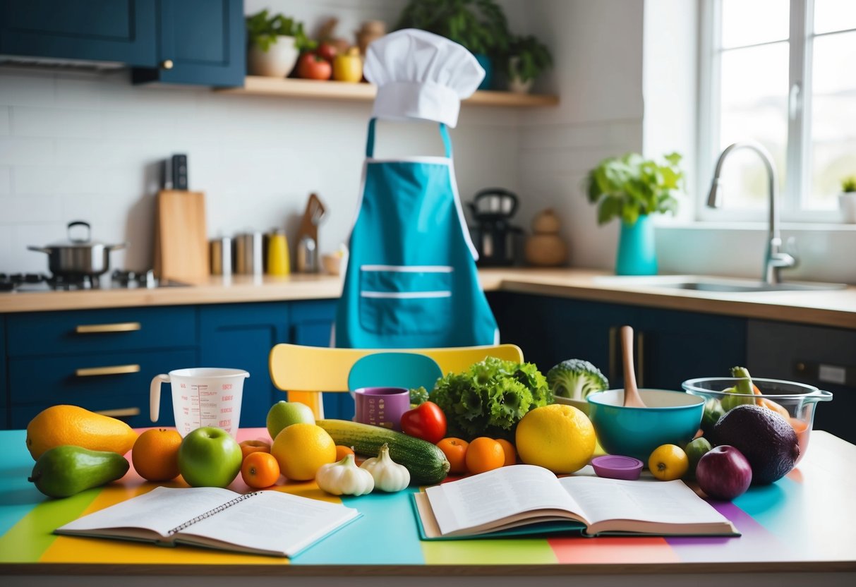 A colorful kitchen table with fruits, vegetables, measuring cups, and recipe books. A child-sized apron and chef's hat hang on a chair