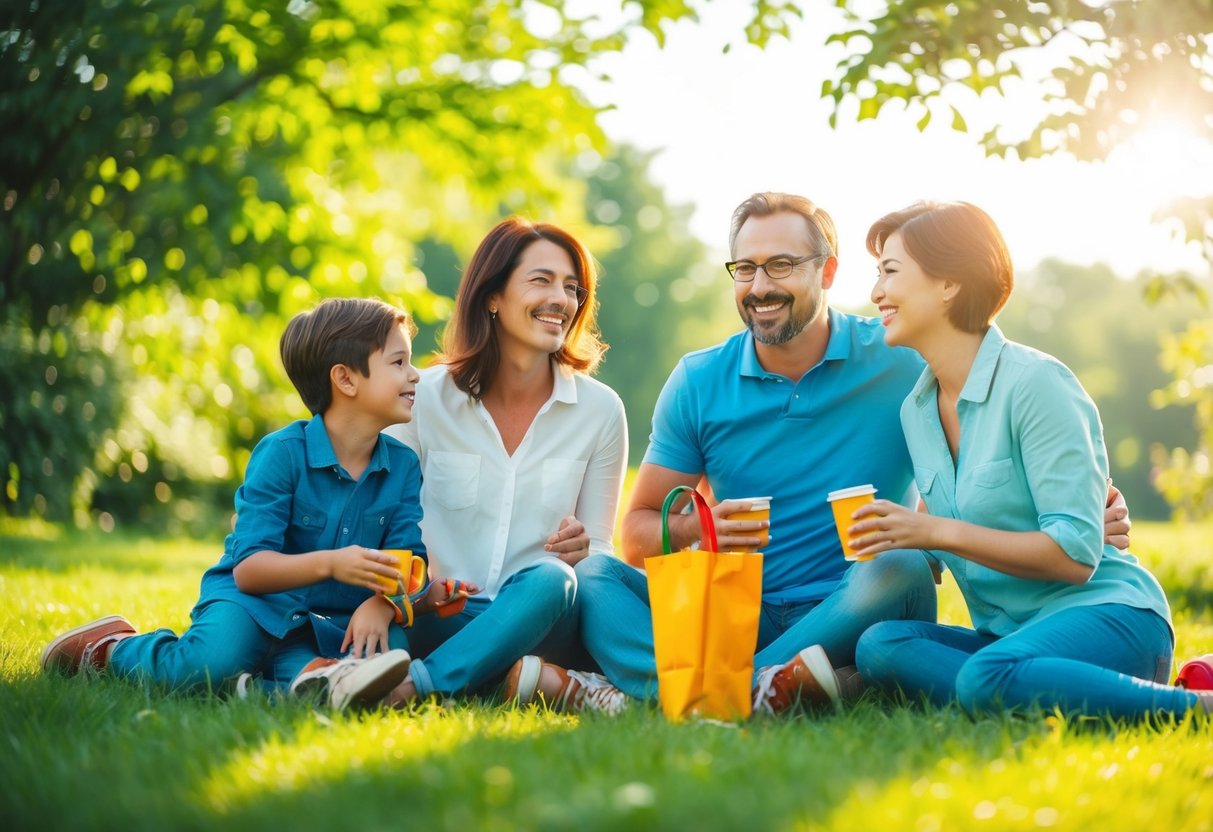 A peaceful family of four enjoys outdoor activities together, surrounded by greenery and sunshine