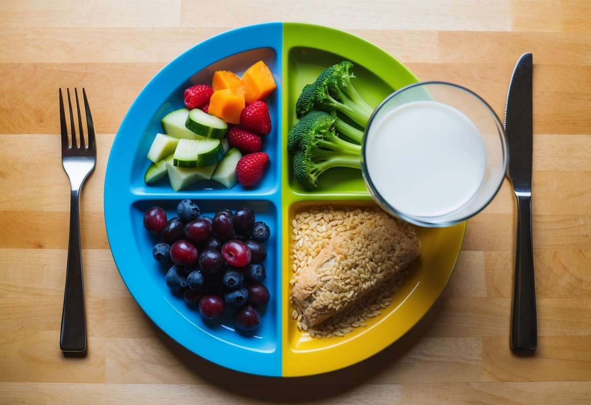 A colorful plate divided into sections with fruits, vegetables, grains, and protein, accompanied by a glass of milk and a fork