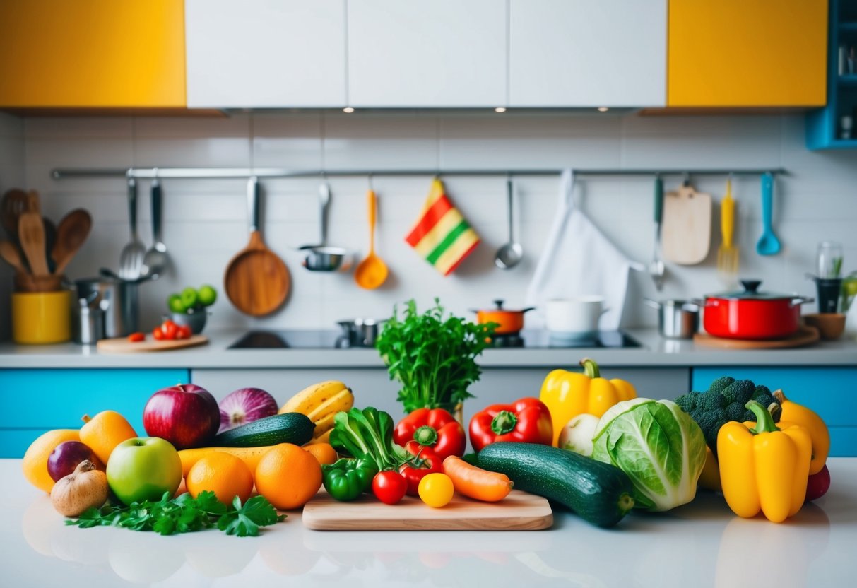 A colorful kitchen scene with a variety of fruits, vegetables, and cooking utensils arranged on a countertop. A child-sized apron and chef's hat hang on a hook nearby