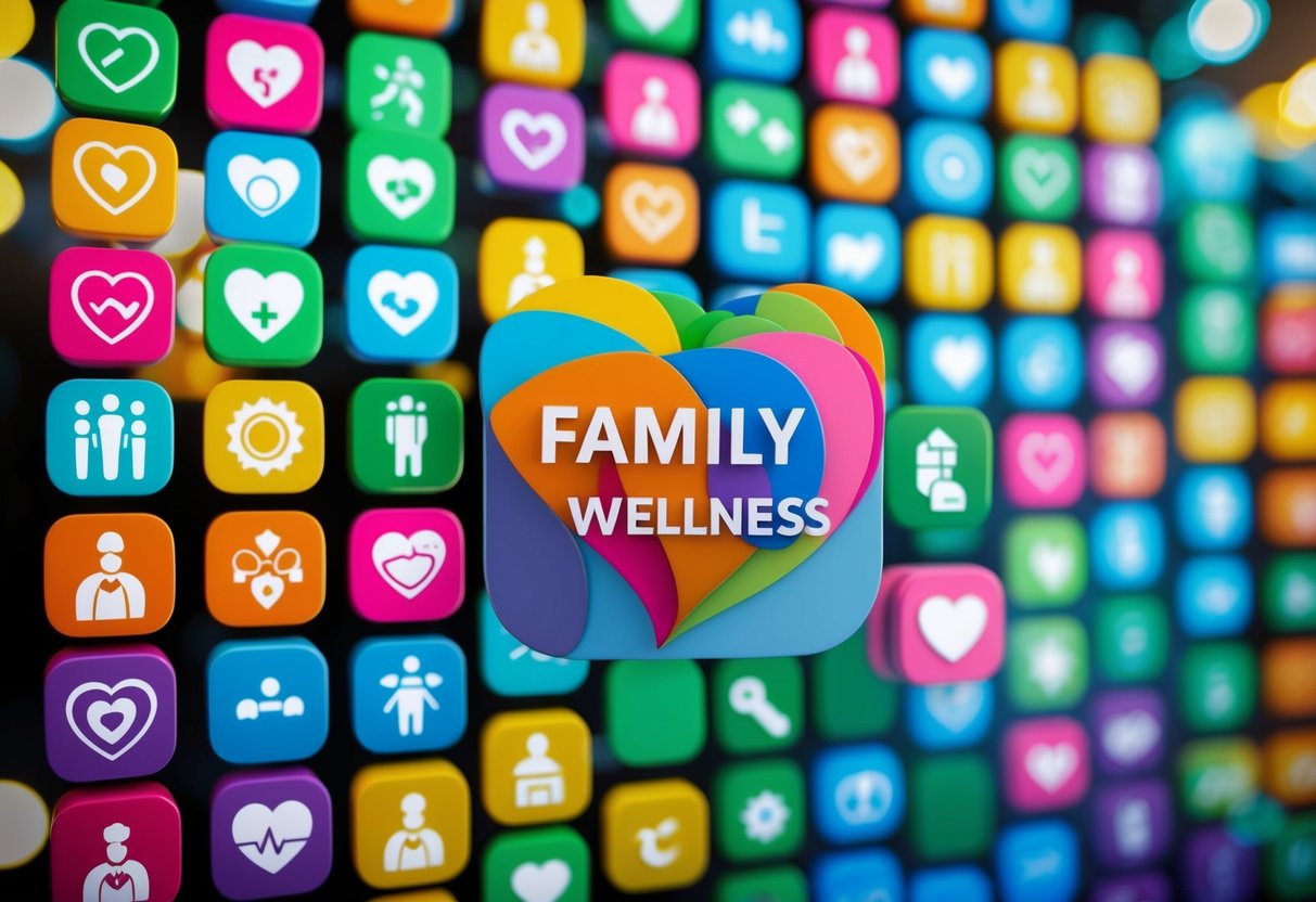 A vibrant array of colorful health app icons arranged in a neat grid, with each one representing a different aspect of family wellness and happiness