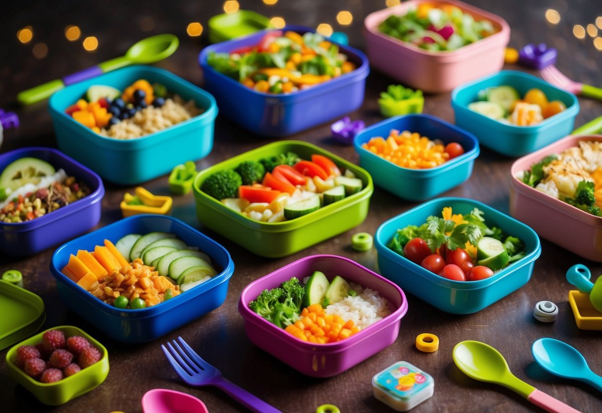 A colorful array of bento lunch boxes, filled with nutritious and vibrant foods, surrounded by playful utensils and accessories