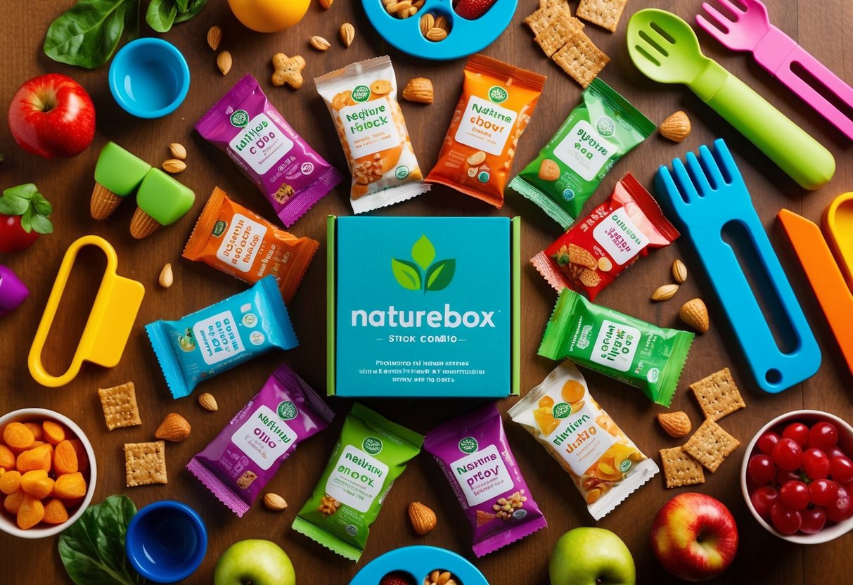 A colorful array of wholesome snack combinations from NatureBox, surrounded by playful tools for promoting healthy eating habits in children