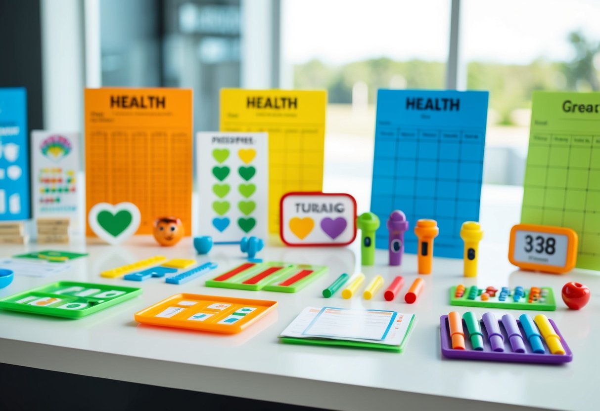 A colorful array of child-friendly health and development tracking tools displayed on a clean, organized surface