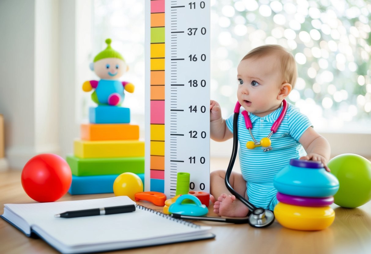 A baby's growth chart surrounded by colorful toys and a stethoscope, with a notebook and pen nearby for tracking milestones