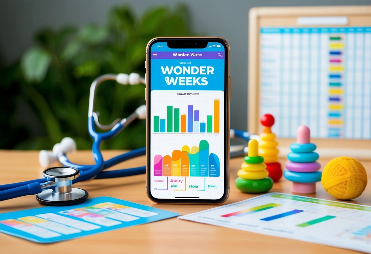 A smartphone displaying the Wonder Weeks app with colorful graphs and charts, surrounded by a stethoscope, growth chart, baby toys, and developmental milestone checklist