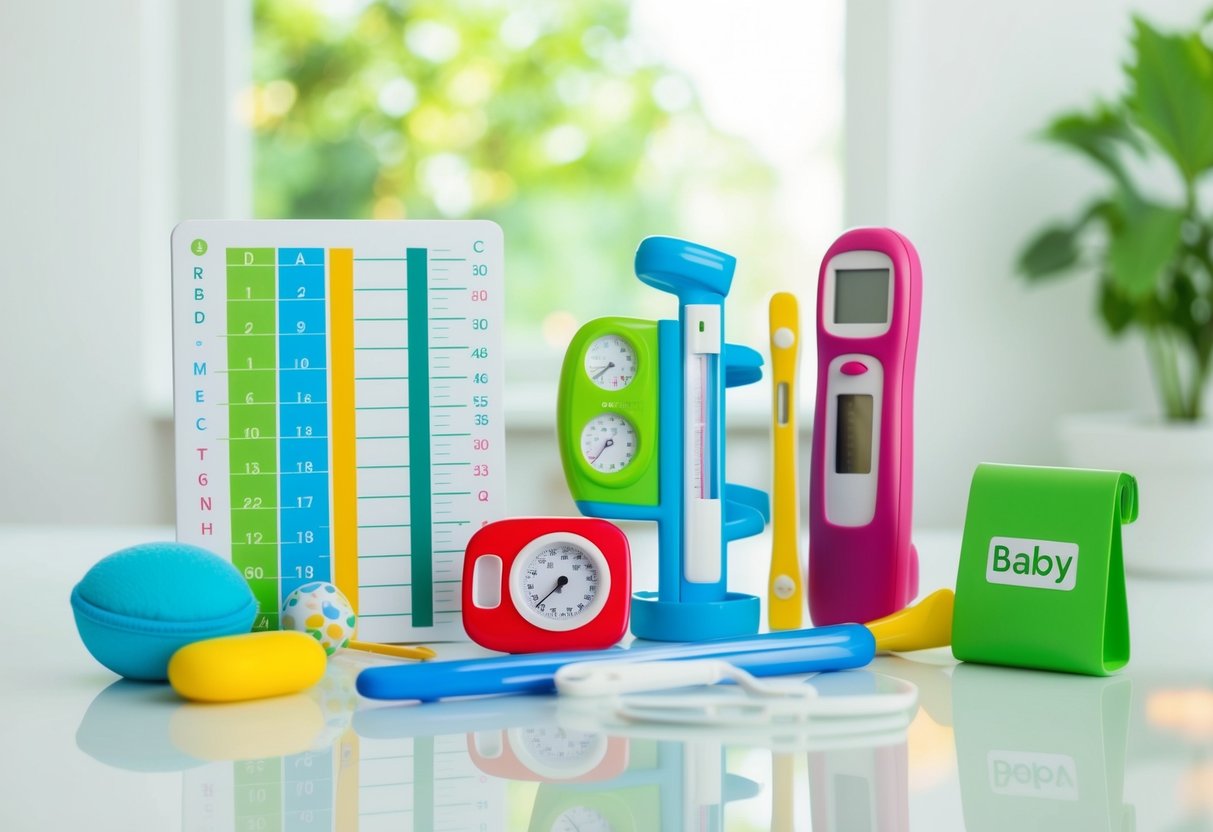 A colorful array of baby health and development tools arranged on a clean, white surface, including a growth chart, thermometer, and milestone tracker