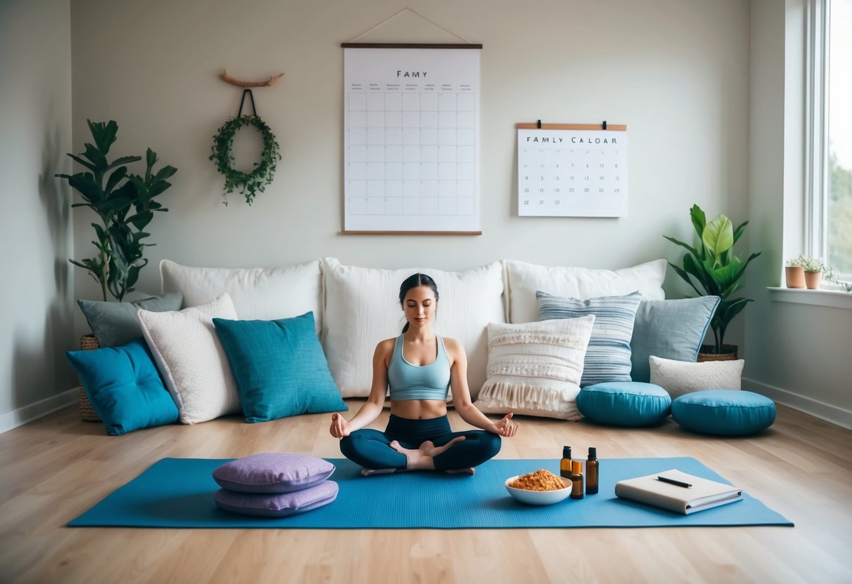 A serene family room with a yoga mat, meditation cushions, essential oils, healthy snacks, a journal, and a family calendar on the wall