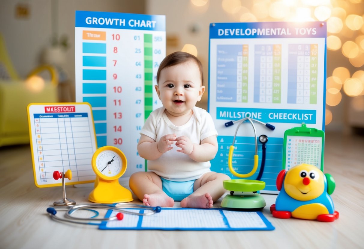 A baby surrounded by growth charts, stethoscope, thermometer, scale, milestone checklist, and developmental toys