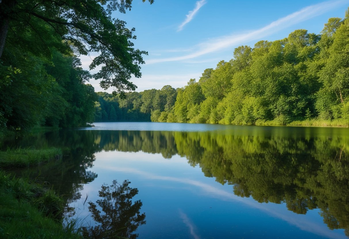 A serene nature scene with a peaceful lake surrounded by lush greenery and a clear blue sky, evoking a sense of tranquility and relaxation