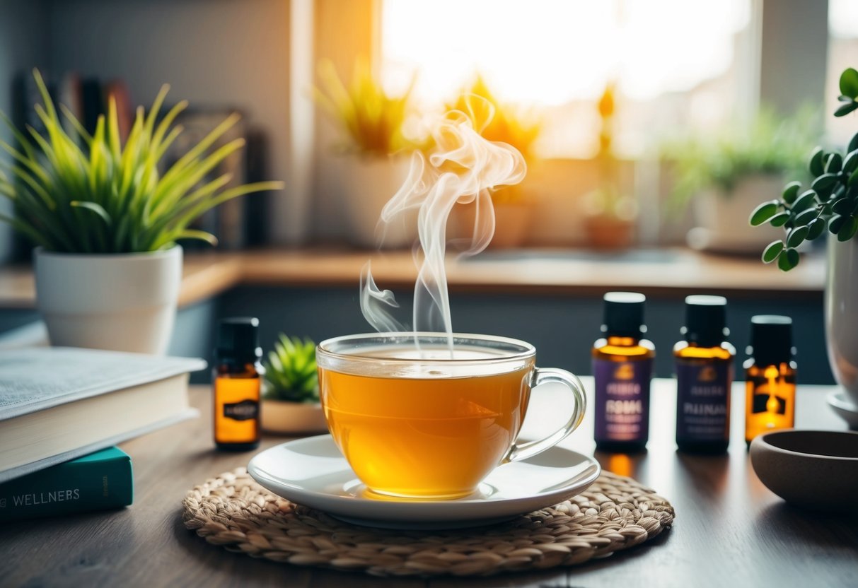 A cozy kitchen table with a steaming cup of Yogi Honey Lavender Stress Relief Tea surrounded by wellness resources such as books, plants, and essential oils