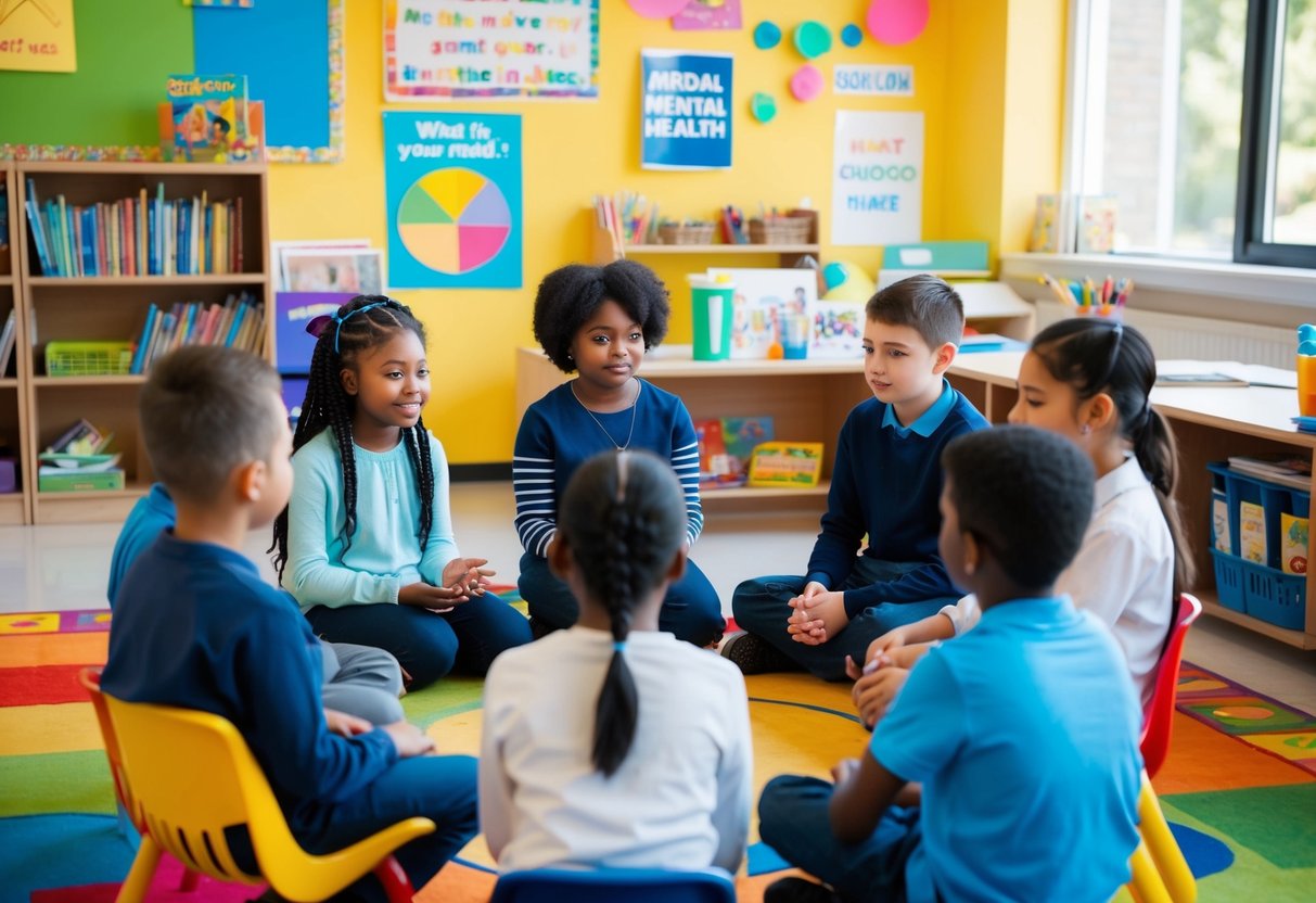 A colorful classroom with books, posters, and art supplies. A group of children sitting in a circle, engaged in a discussion about mental health