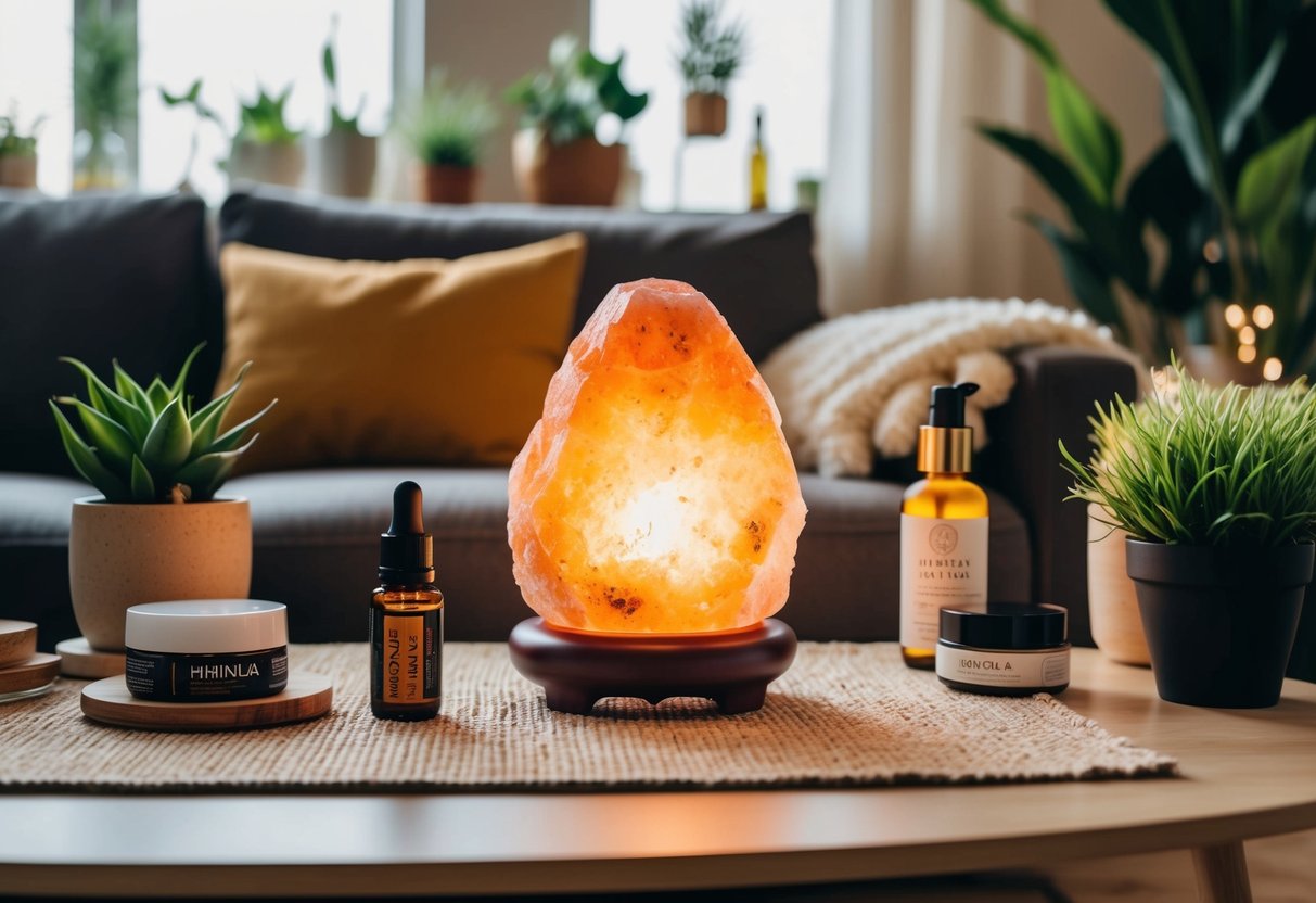 A cozy living room with a Himalayan salt lamp emitting a warm, soothing glow, surrounded by wellness resources like essential oils, plants, and natural skincare products