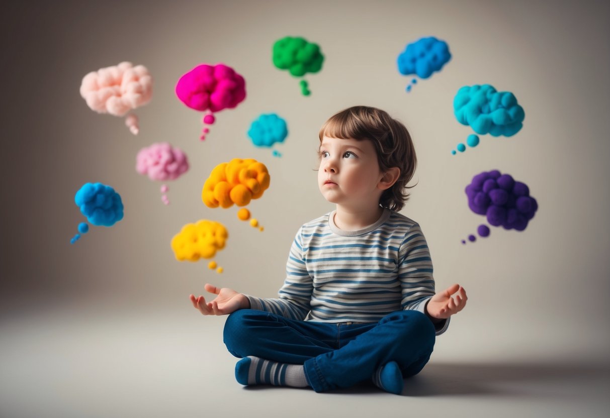 A child sits cross-legged, surrounded by colorful emotions and thoughts floating in the air. The child appears to be listening intently, with a sense of calm and introspection