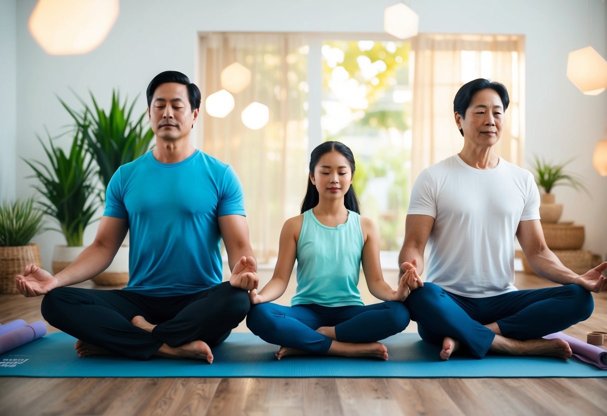 A serene family practicing yoga together on a Gaiam mat surrounded by wellness resources