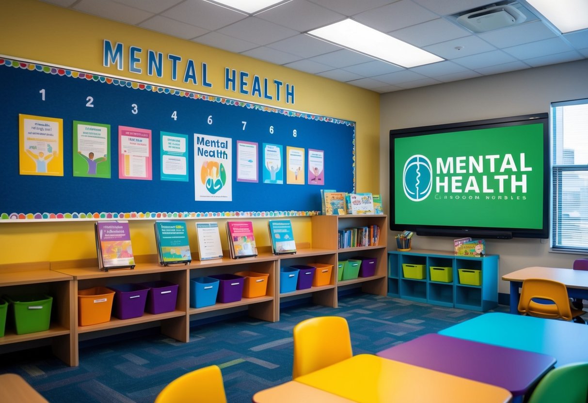 A colorful classroom setting with various mental health resources such as books, posters, and interactive activities displayed on shelves and tables