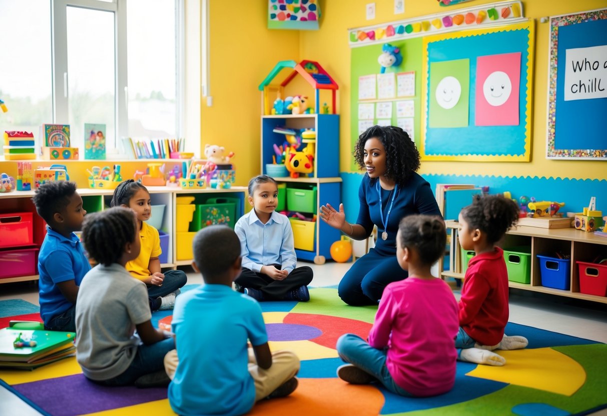 A colorful classroom with diverse toys, books, and art supplies. A teacher leads a group of children in a circle, discussing emotions and mental health