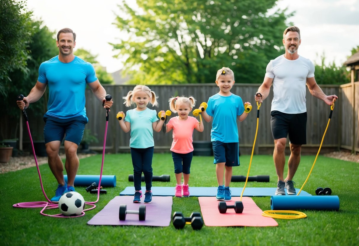 A family of four using various fitness tools in a backyard: jump ropes, yoga mats, dumbbells, resistance bands, and a soccer ball