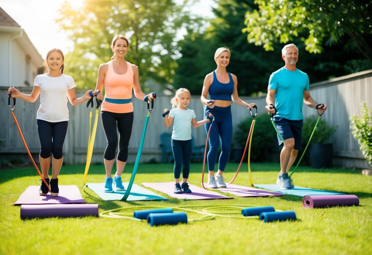 A family using resistance bands, yoga mats, and jump ropes in a sunny backyard