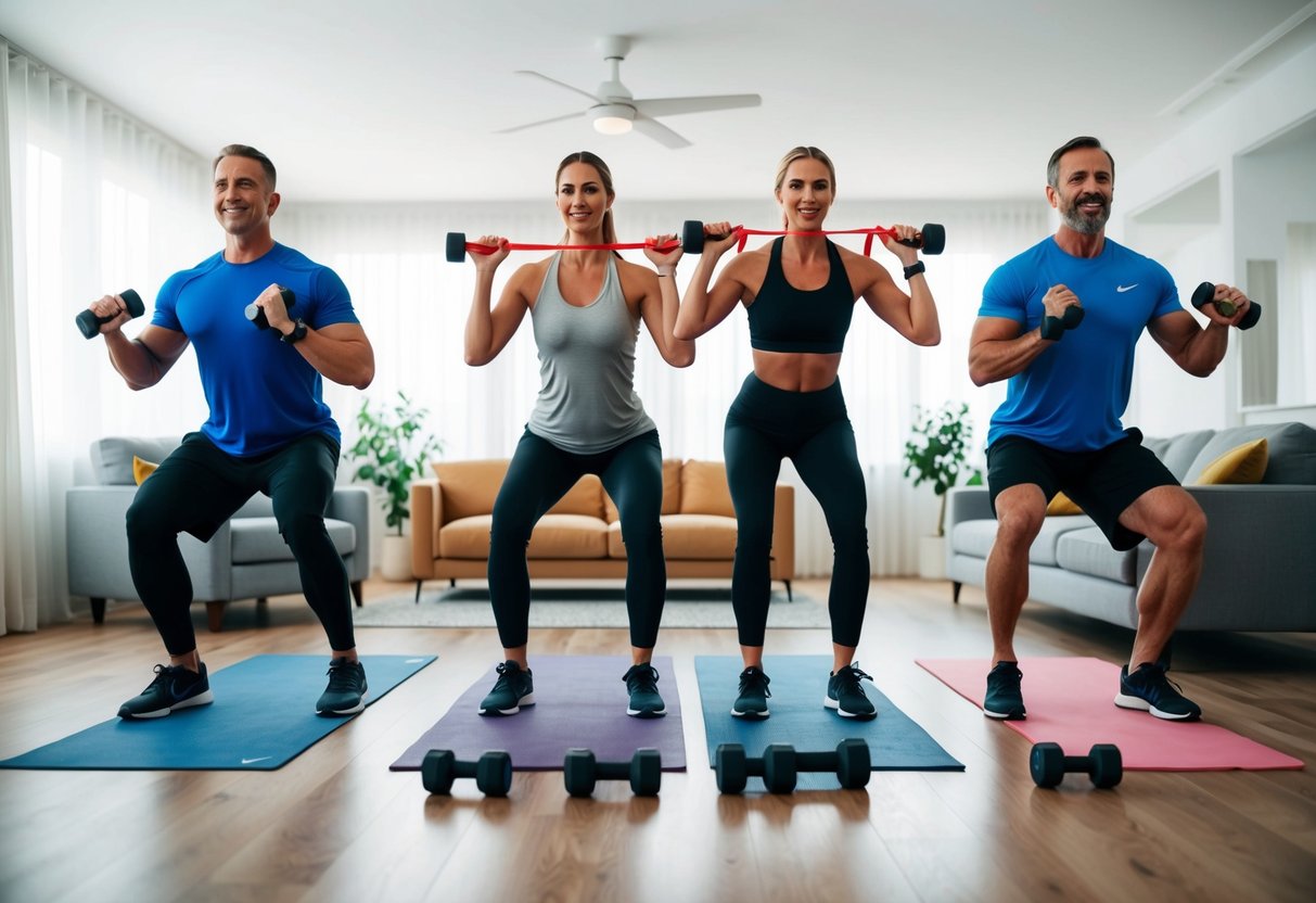 A family of four exercising together in a spacious living room, using resistance bands, yoga mats, and dumbbells from the Nike Training Club App