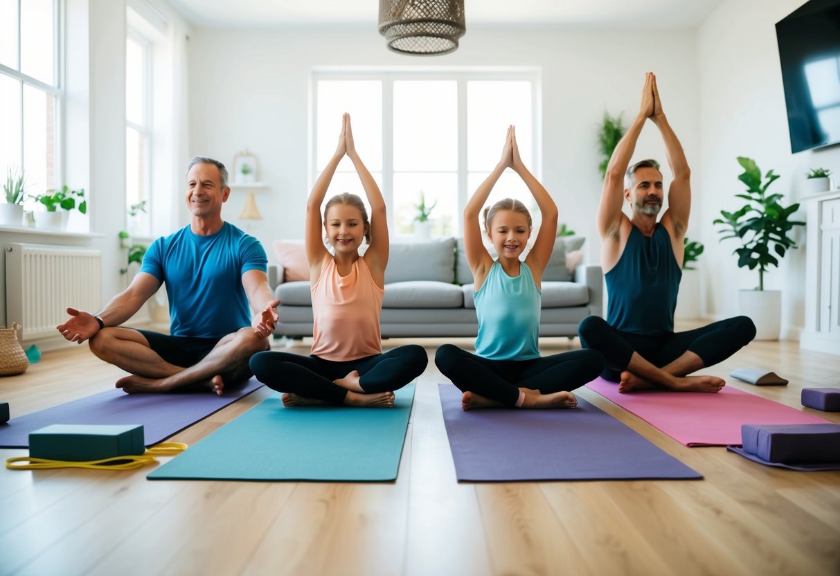 A family of four practices yoga together in a bright, spacious living room, surrounded by yoga mats, blocks, and resistance bands