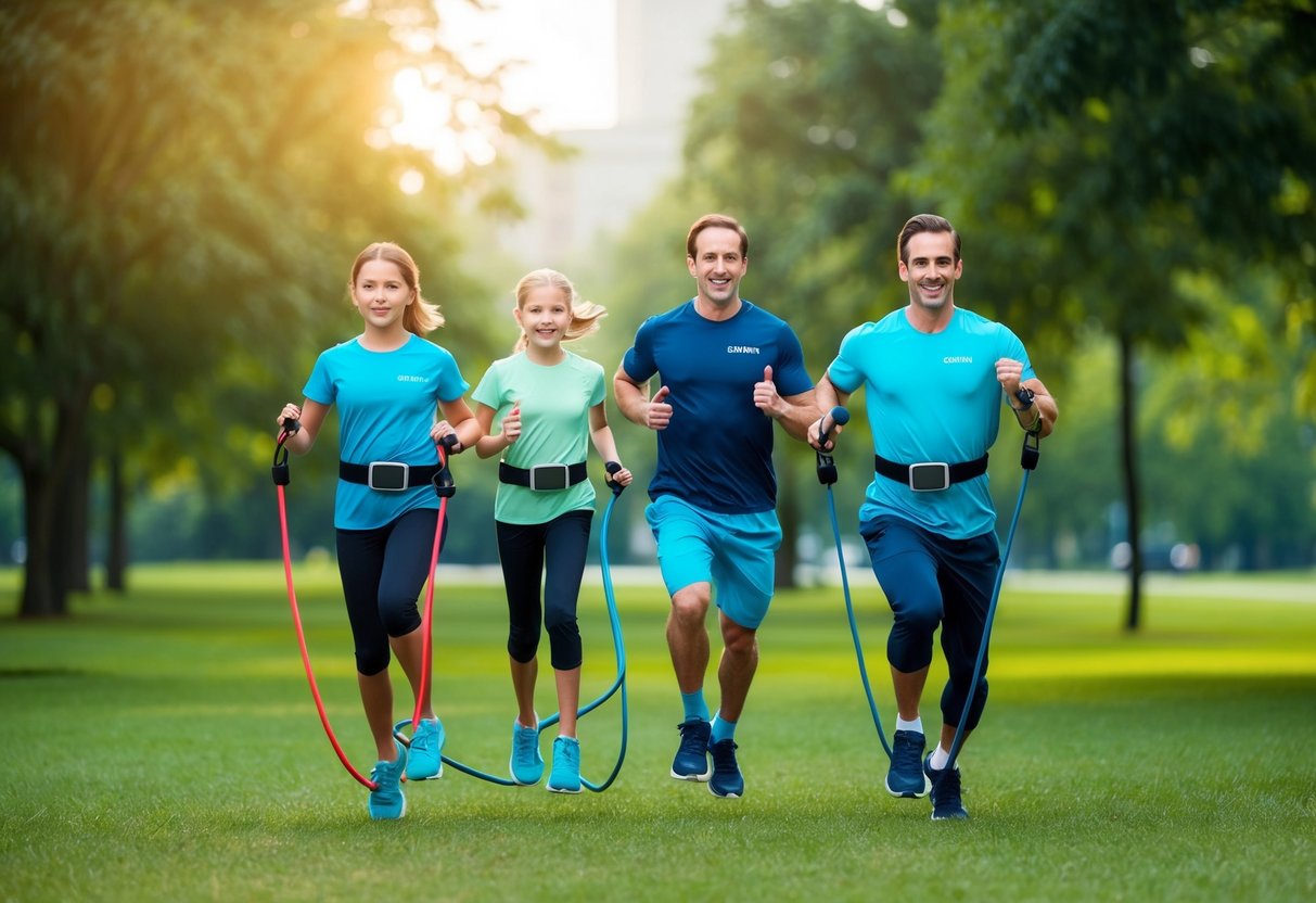 A family wearing Garmin vivofit jr. trackers exercises together in a park, using resistance bands and jumping rope