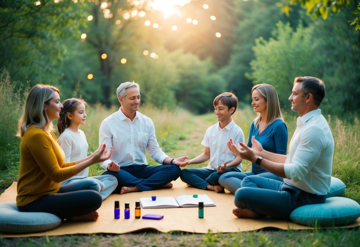 A peaceful family sitting in a circle, surrounded by nature, using wellness tools such as journals, meditation cushions, and calming essential oils