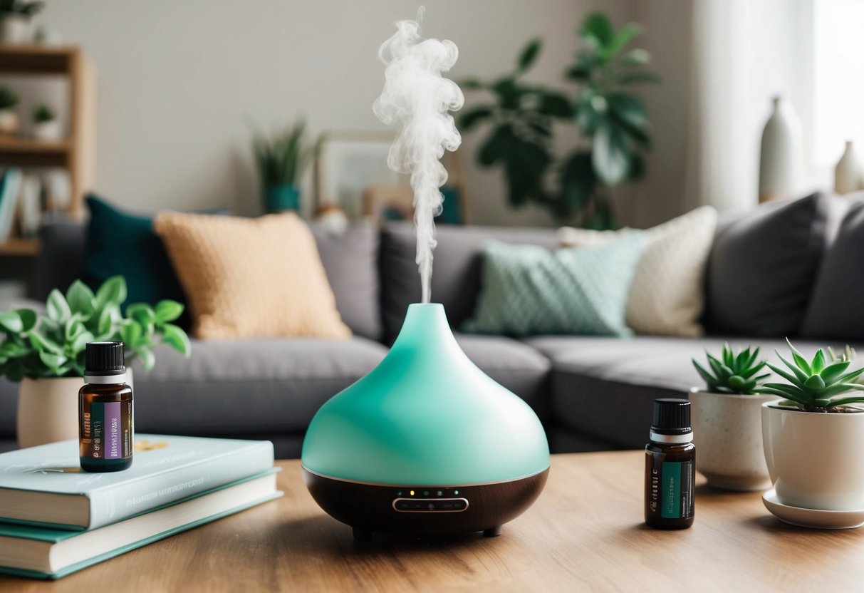 A cozy living room with a diffuser emitting soothing essential oils, surrounded by wellness tools like books, plants, and calming decor