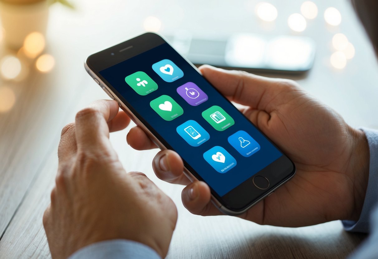 A parent's hand holding a smartphone with 9 health monitoring app icons displayed on the screen