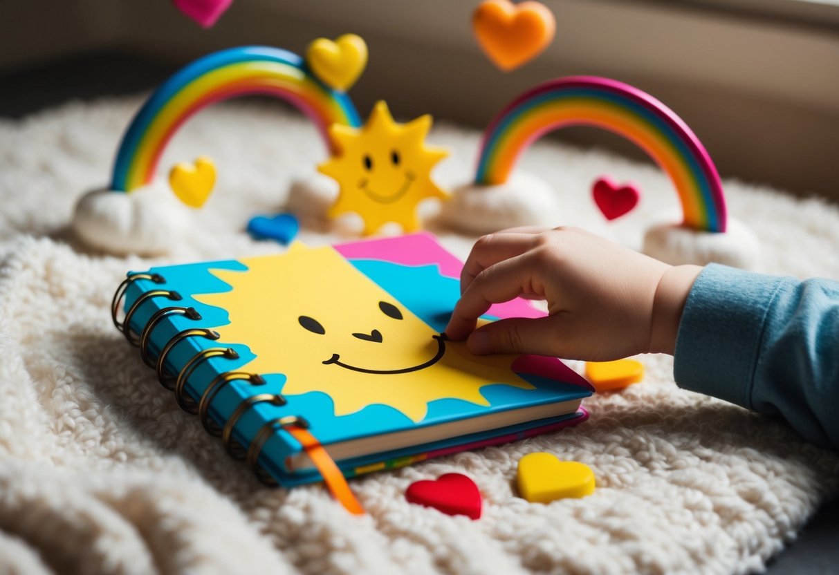 A colorful journal surrounded by smiling sun, rainbows, and hearts. A child's hand reaching out to pick it up from a cozy, inviting space