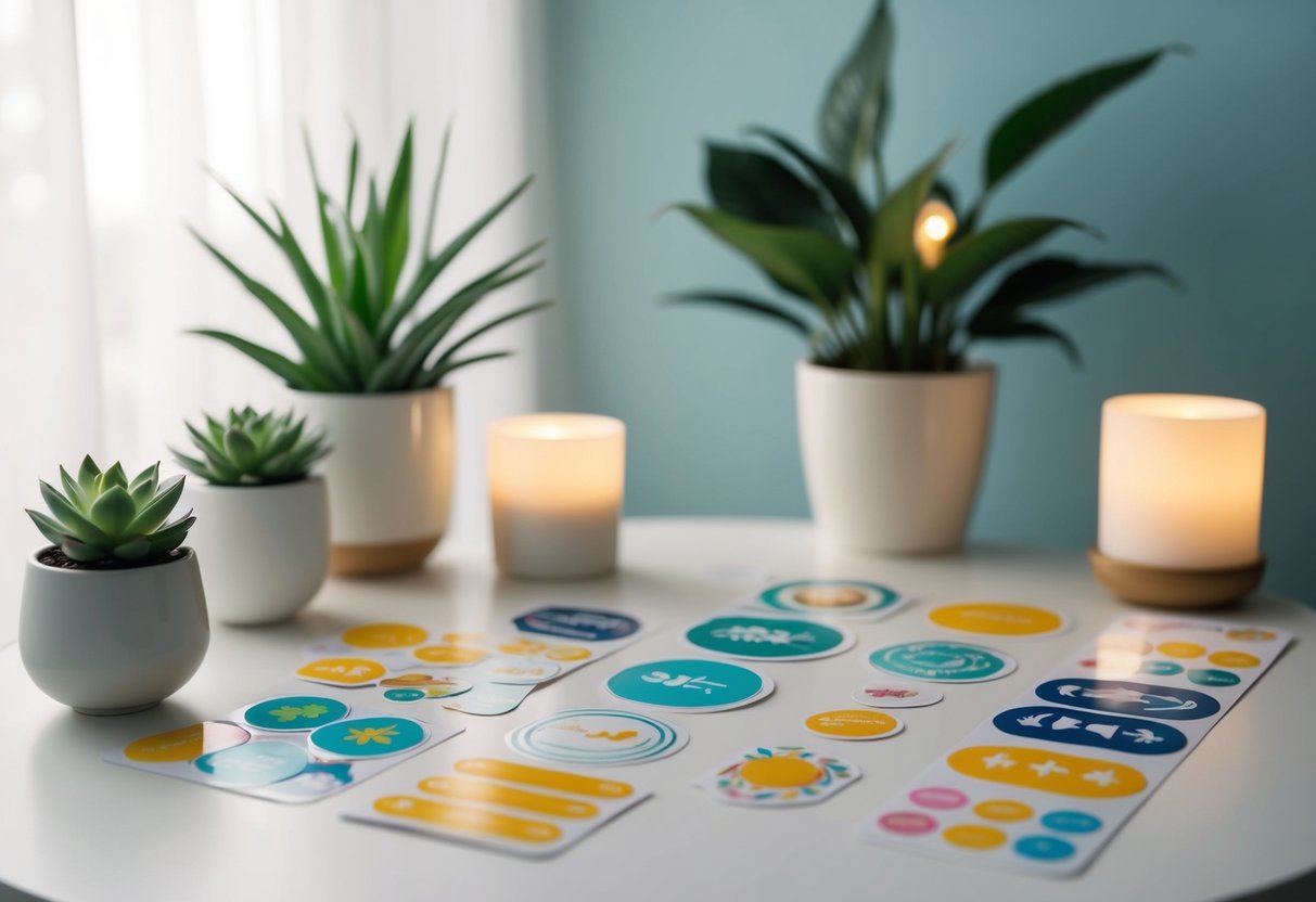 A serene scene with various sensory stickers arranged on a table, surrounded by calming elements like plants and soft lighting