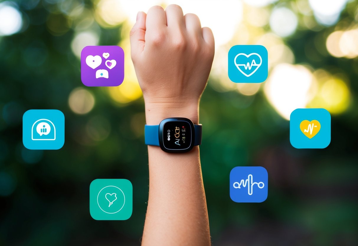 A child's wrist wearing a Fitbit Ace 3, surrounded by various health monitoring app icons