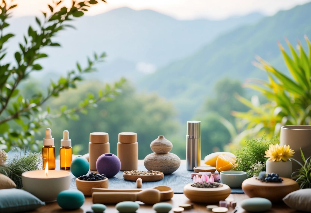 A serene scene with a variety of wellness tools arranged in a peaceful setting, surrounded by nature and calming elements