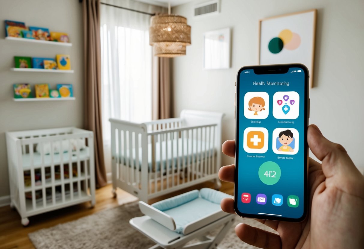 A cozy nursery with a crib and a changing table, a shelf of children's books, and a smartphone displaying health monitoring apps